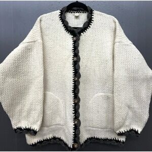 Vtg Peguche Wool Sweater Women XL Ivory Handmade Cardigan Pockets Boho Cottage